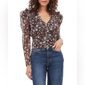 ASTR the Label Beverly Printed Puff Sleeve Top Blouse Black Red Ditsy Size S